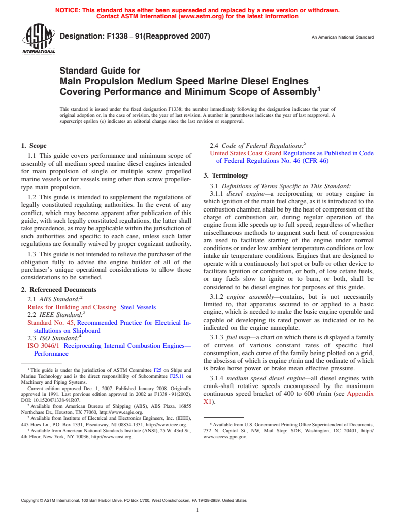 ASTM F1338-91(2007) - Standard Guide for Main Propulsion Medium Speed Marine Diesel Engines Covering Performance and Minimum Scope of Assembly