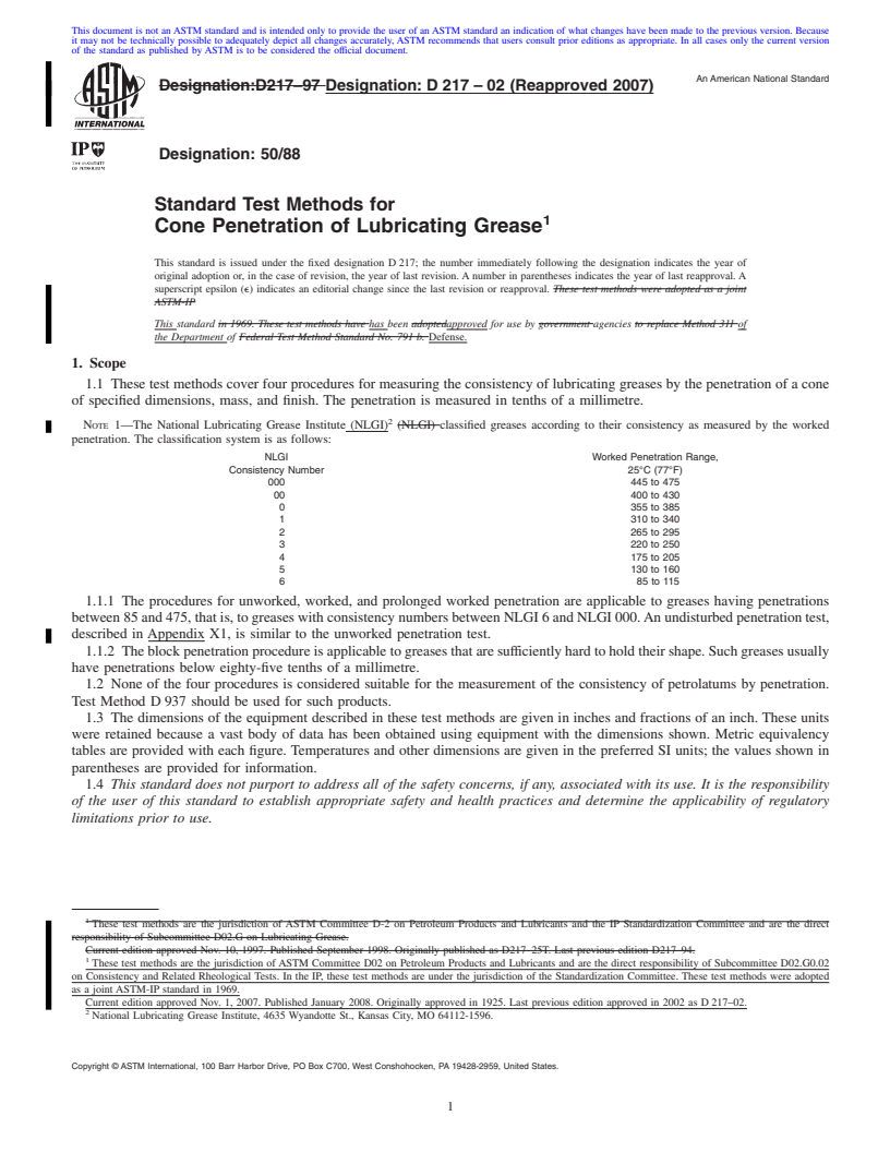 REDLINE ASTM D217-02(2007) - Standard Test Methods for Cone Penetration of Lubricating Grease