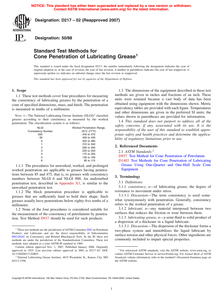 ASTM D217-02(2007) - Standard Test Methods for Cone Penetration of Lubricating Grease