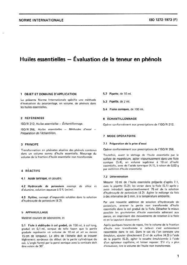 ISO 1272:1973 - Huiles essentielles -- Évaluation de la teneur en phénols