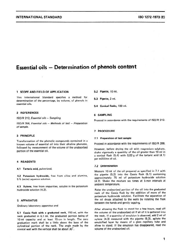 ISO 1272:1973 - Essential oils -- Determination of phenols content