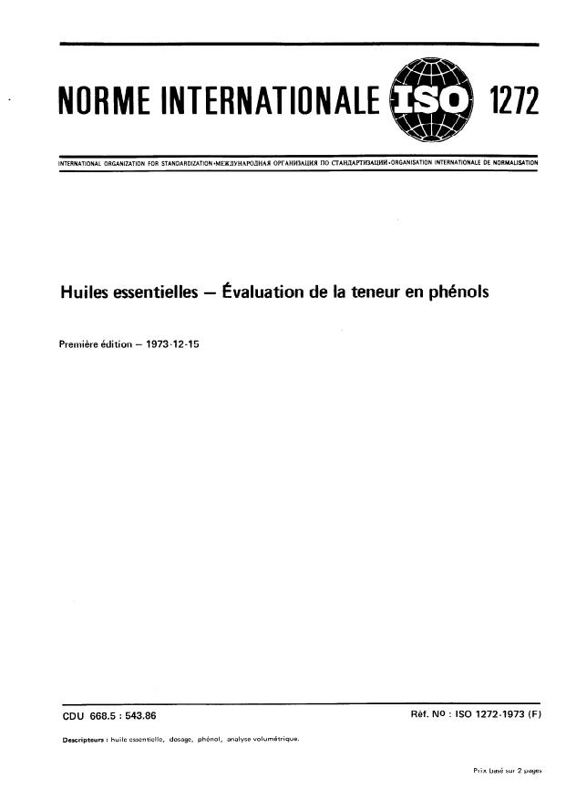 ISO 1272:1973 - Huiles essentielles -- Évaluation de la teneur en phénols