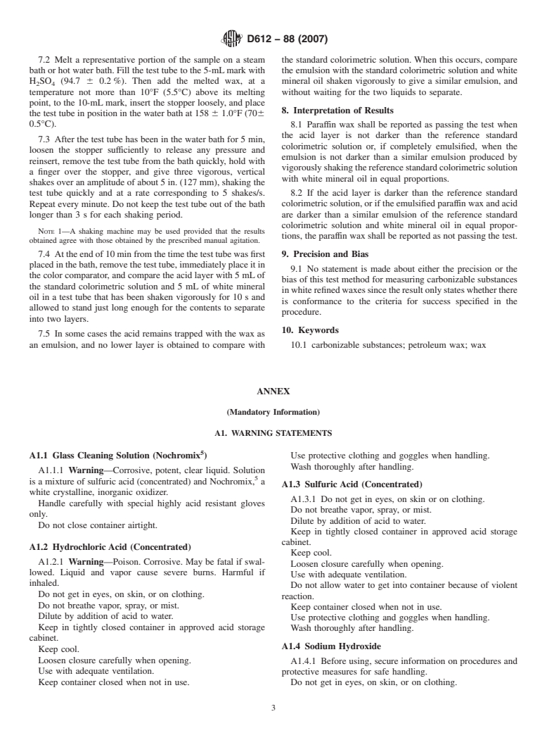 ASTM D612-88(2007) - Standard Test Method for Carbonizable Substances in Paraffin Wax