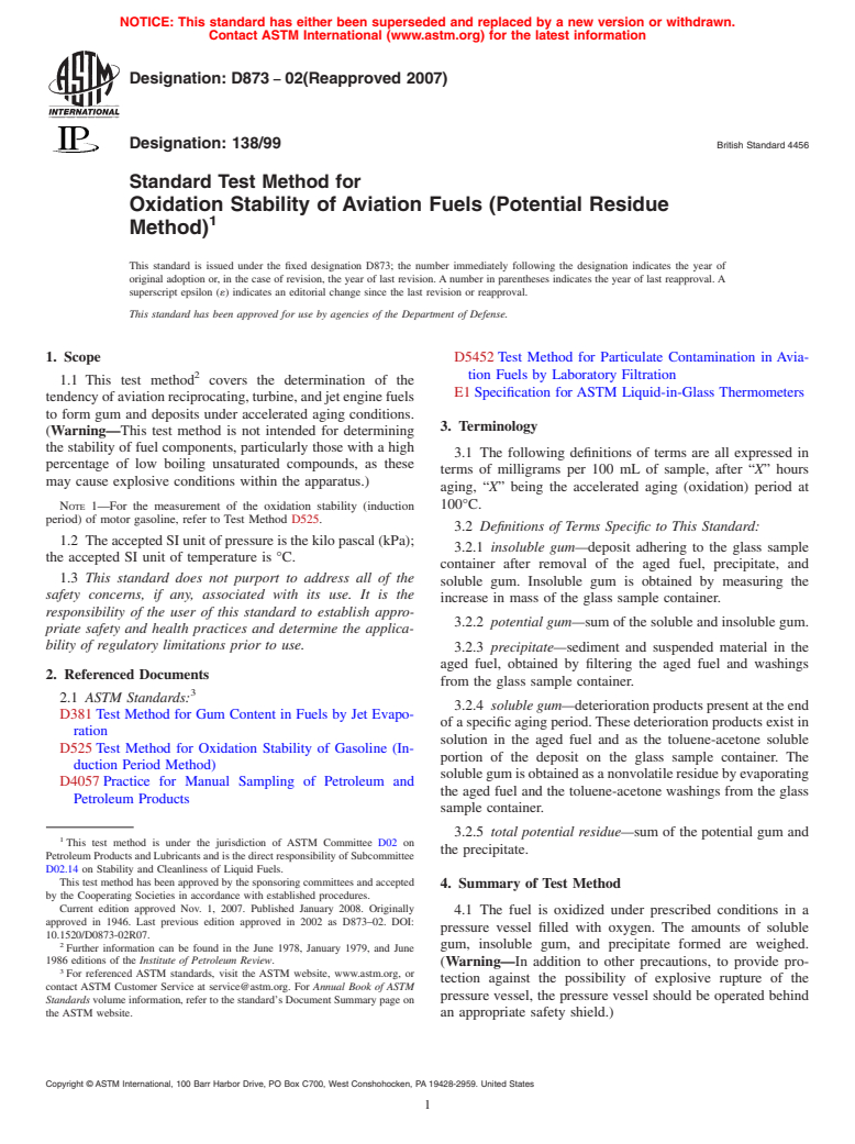 ASTM D873-02(2007) - Standard Test Method for Oxidation Stability of Aviation Fuels (Potential Residue Method)