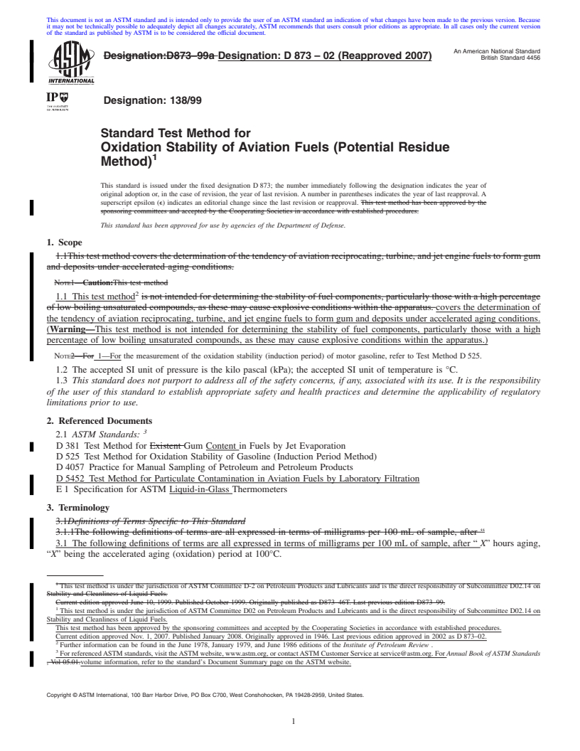 REDLINE ASTM D873-02(2007) - Standard Test Method for Oxidation Stability of Aviation Fuels (Potential Residue Method)