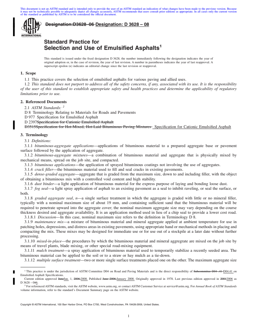 REDLINE ASTM D3628-08 - Standard Practice for  Selection and Use of Emulsified Asphalts