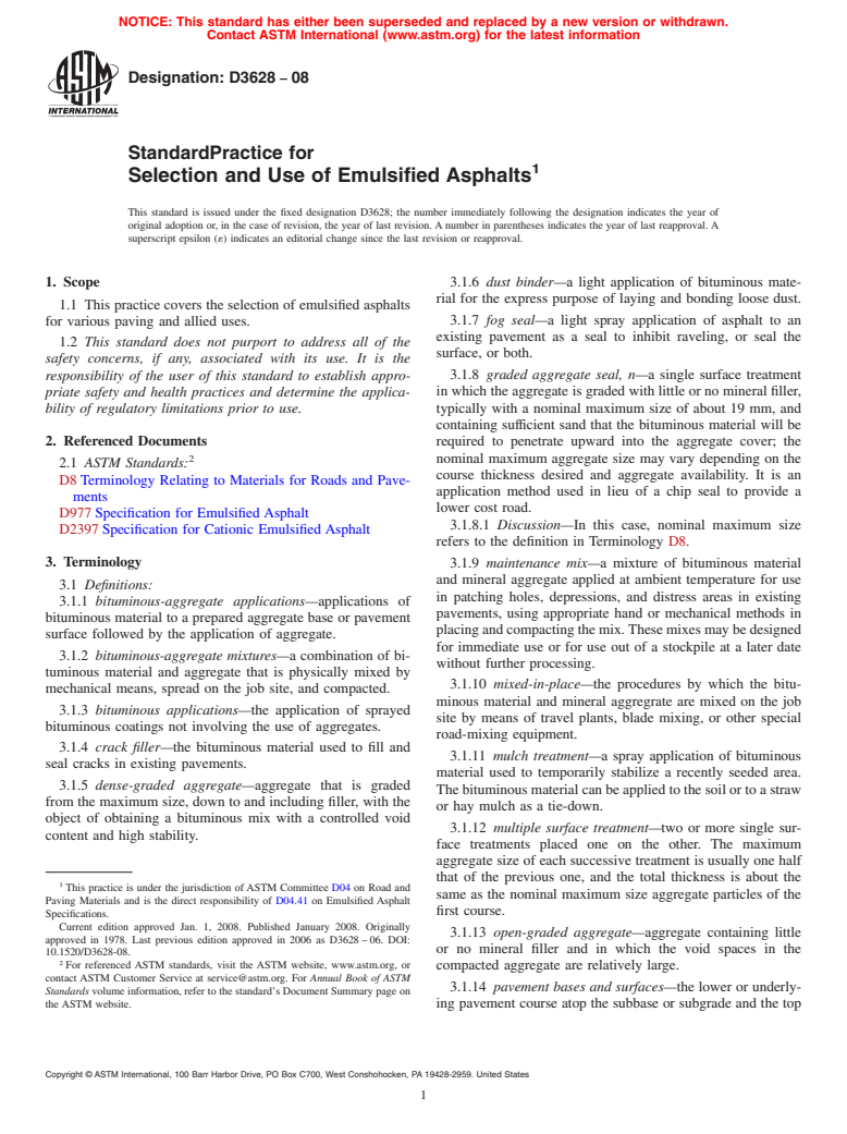 ASTM D3628-08 - Standard Practice for  Selection and Use of Emulsified Asphalts