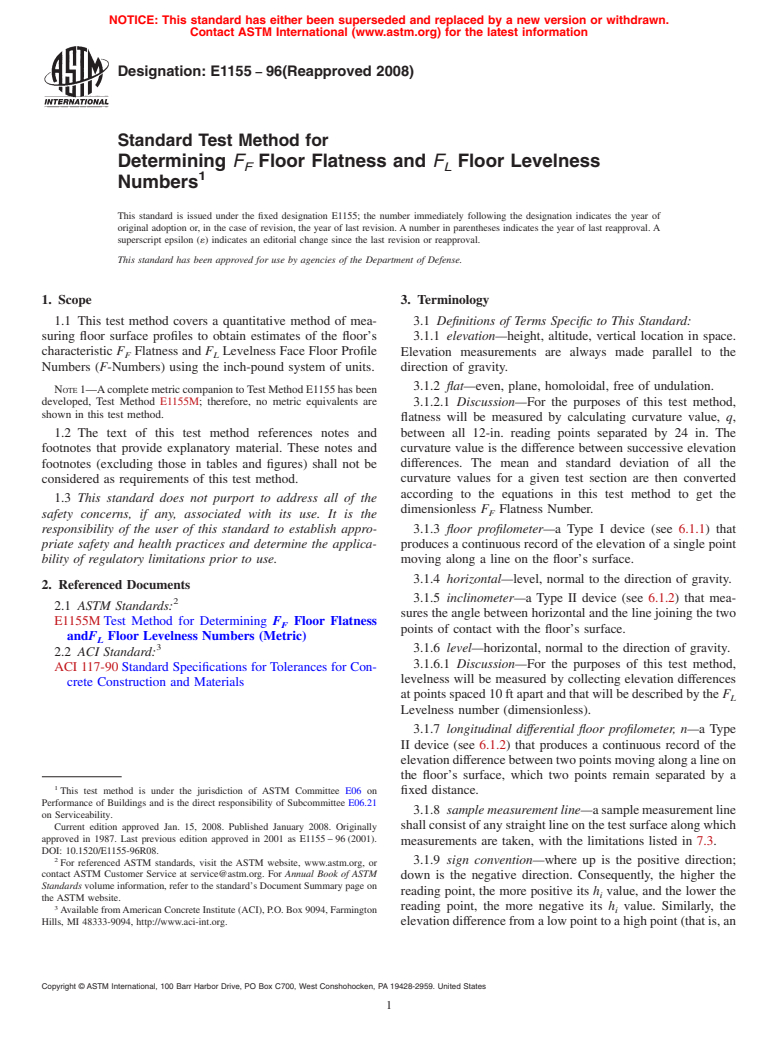 ASTM E1155-96(2008) - Standard Test Method for  Determining <span class="bdit">F<sub>F</sub></span><span class="bold"> Floor Flatness and </span><span class="bdit">F<sub>L</sub></span><span class="bold"> Floor Levelness Numbers </span>