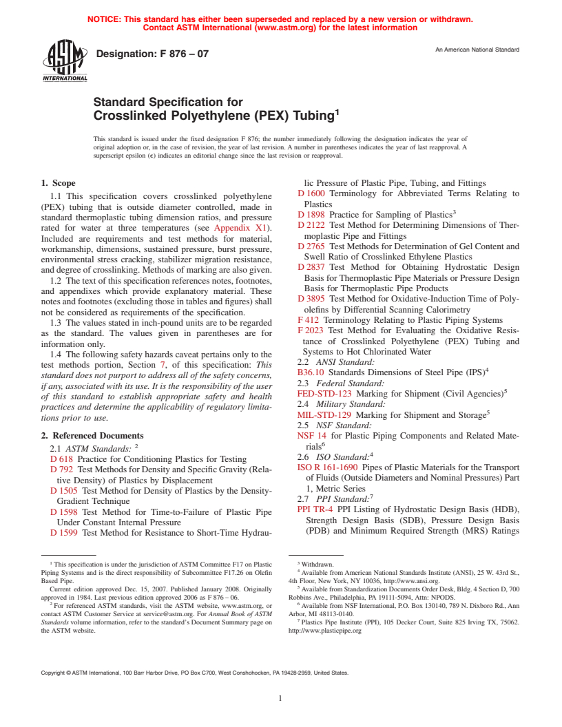 ASTM F876-07 - Standard Specification for  Crosslinked Polyethylene (PEX) Tubing