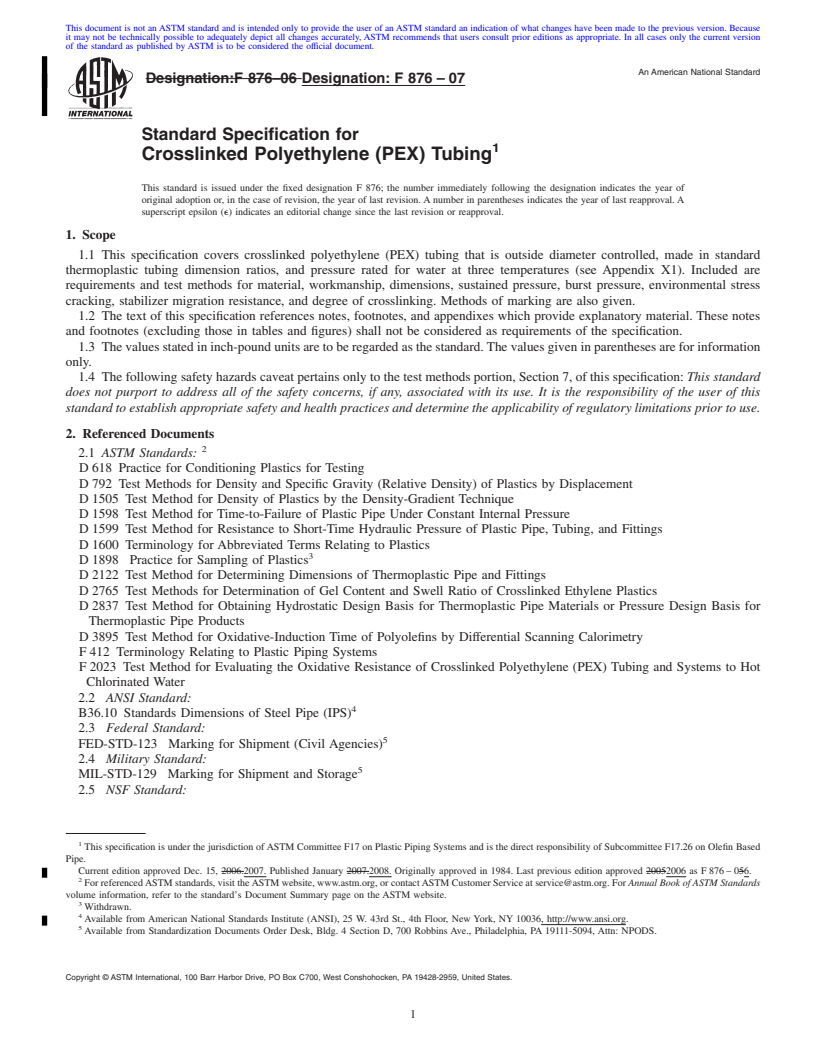 REDLINE ASTM F876-07 - Standard Specification for  Crosslinked Polyethylene (PEX) Tubing