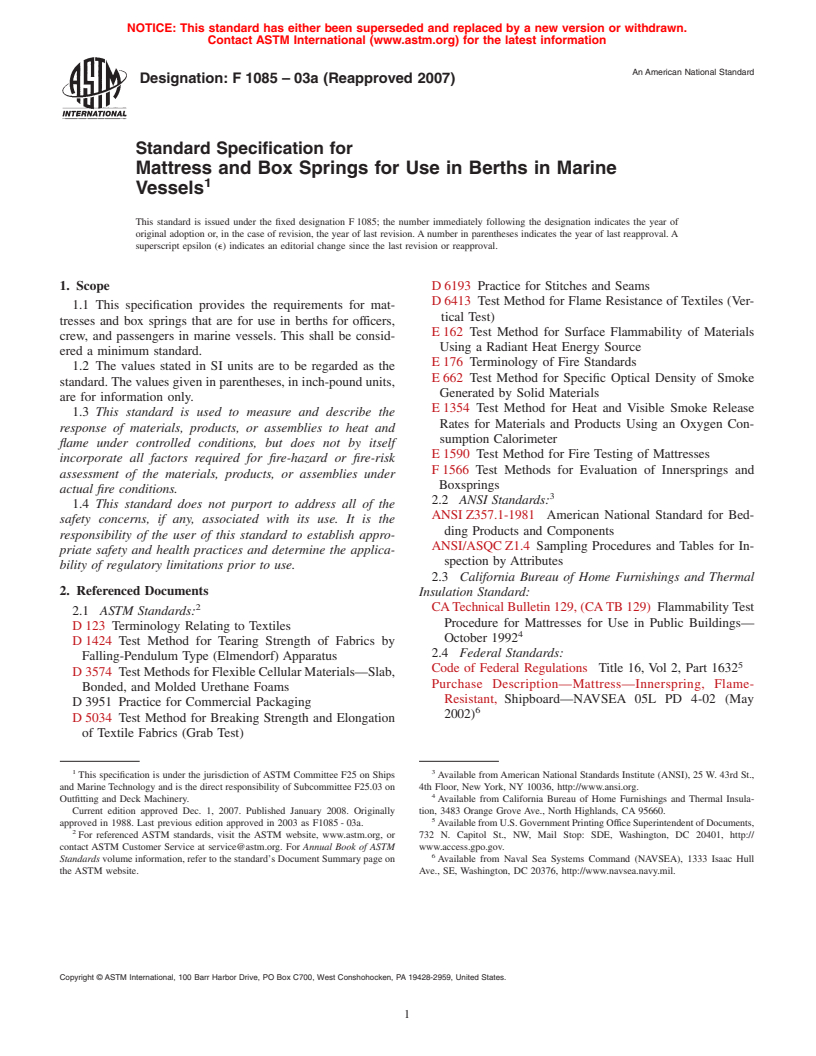 ASTM F1085-03a(2007) - Standard Specification for  Mattress and Box Springs for Use in Berths in Marine Vessels