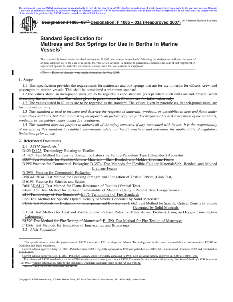 REDLINE ASTM F1085-03a(2007) - Standard Specification for  Mattress and Box Springs for Use in Berths in Marine Vessels