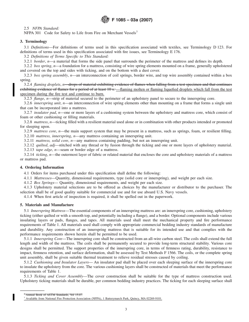 REDLINE ASTM F1085-03a(2007) - Standard Specification for  Mattress and Box Springs for Use in Berths in Marine Vessels