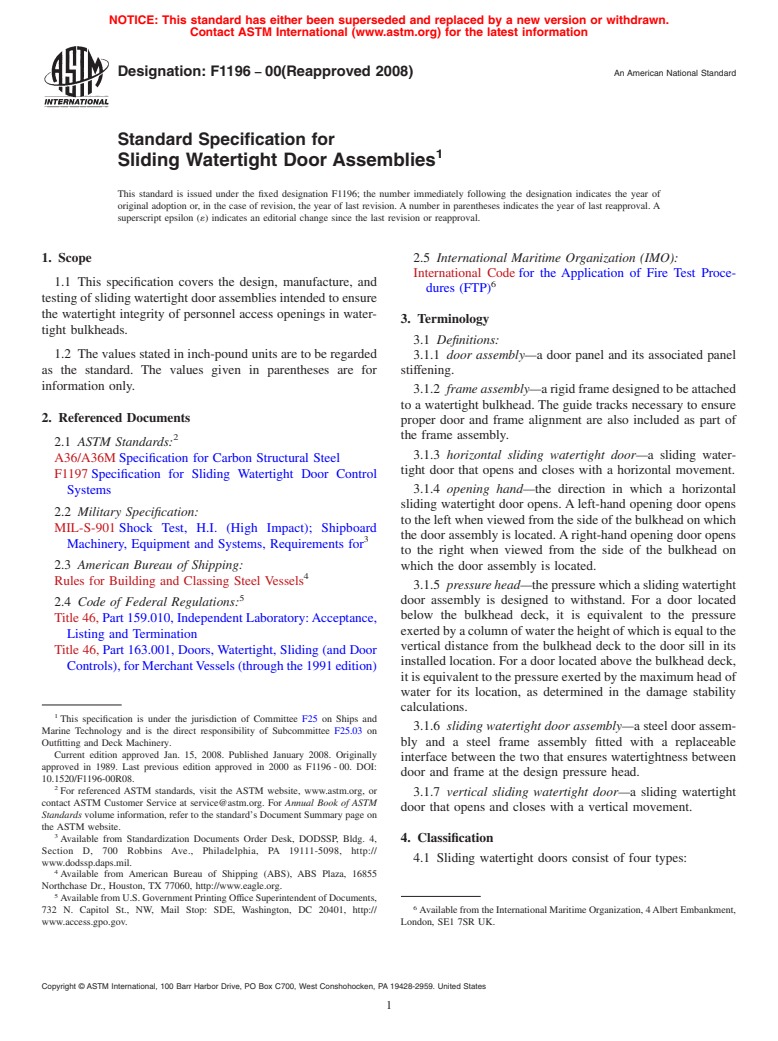 ASTM F1196-00(2008) - Standard Specification for Sliding Watertight Door Assemblies