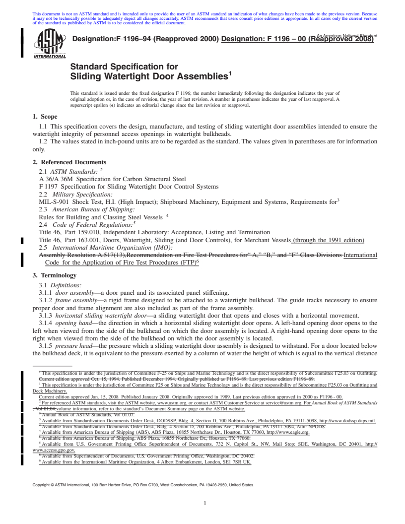 REDLINE ASTM F1196-00(2008) - Standard Specification for Sliding Watertight Door Assemblies