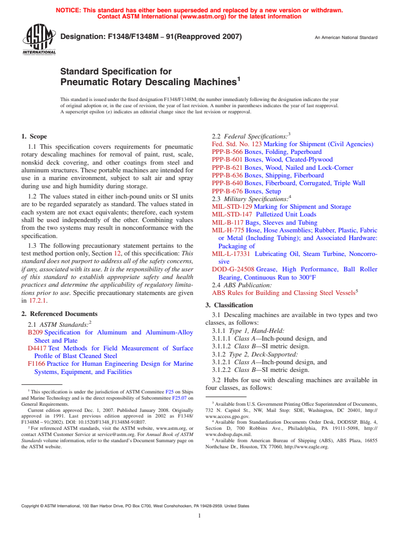 ASTM F1348/F1348M-91(2007) - Standard Specification for Pneumatic Rotary Descaling Machines