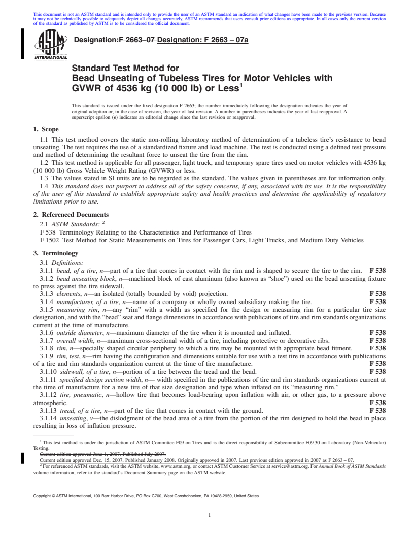 REDLINE ASTM F2663-07a - Standard Test Method for Bead Unseating of Tubeless Tires for Motor Vehicles with GVWR of 4536 kg (10 000 lb) or Less