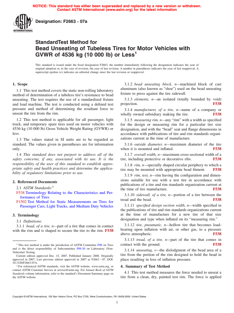 ASTM F2663-07a - Standard Test Method for Bead Unseating of Tubeless Tires for Motor Vehicles with GVWR of 4536 kg (10 000 lb) or Less