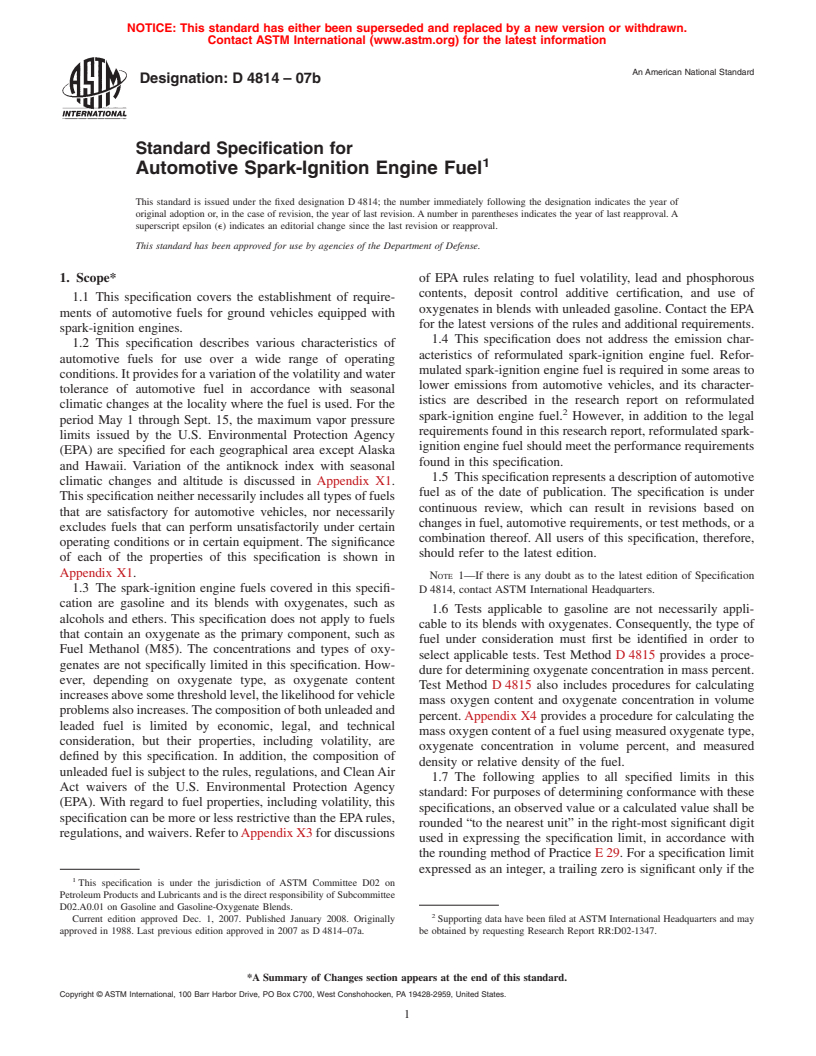 ASTM D4814-07b - Standard Specification for Automotive Spark-Ignition Engine Fuel