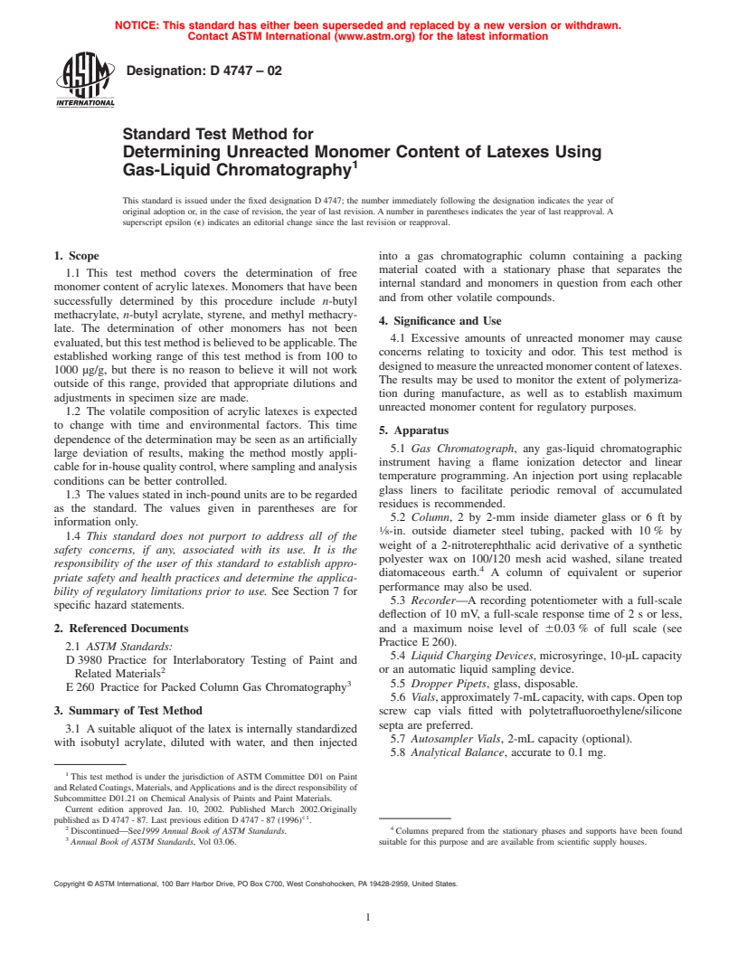 ASTM D4747-02 - Standard Test Method for Determining Unreacted Monomer Content of Latexes Using Gas-Liquid Chromatography