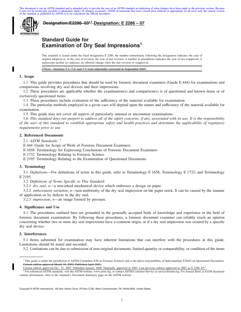 REDLINE ASTM E2286-07 - Standard Guide for Examination of Dry Seal Impressions