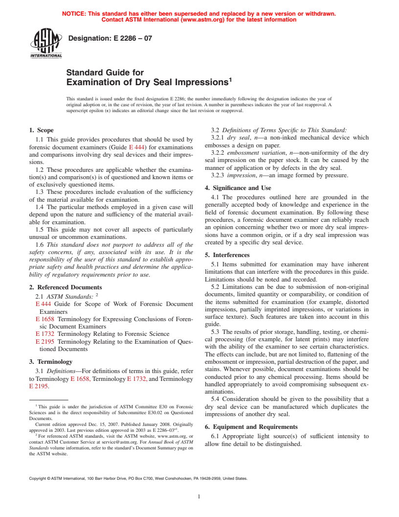 ASTM E2286-07 - Standard Guide for Examination of Dry Seal Impressions