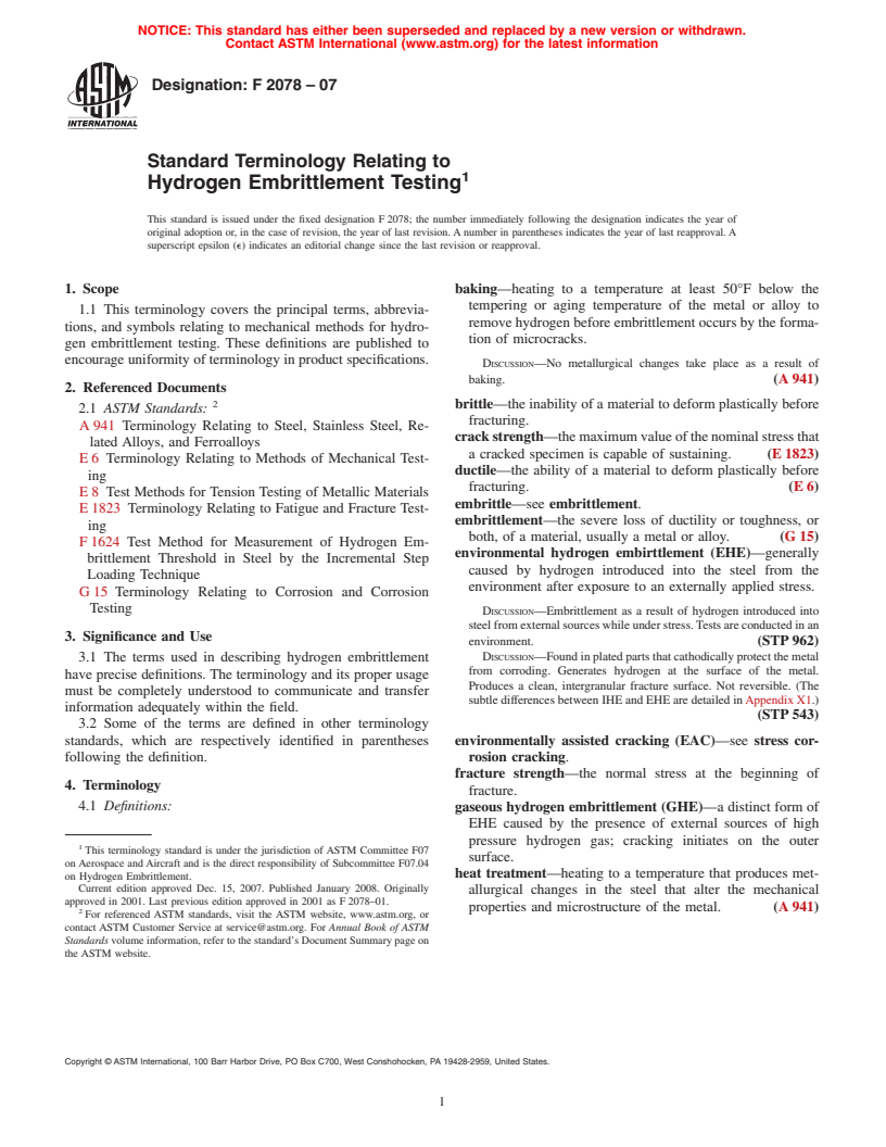 ASTM F2078-07 - Standard Terminology Relating to Hydrogen Embrittlement Testing