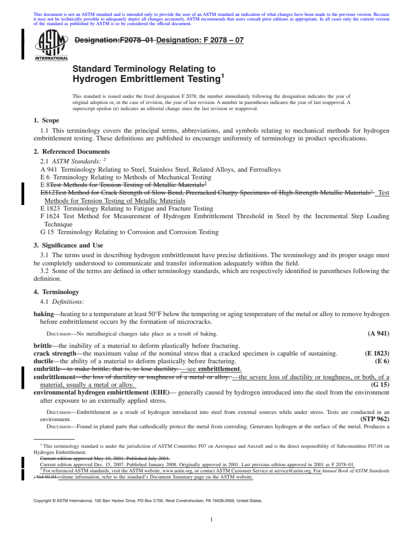 REDLINE ASTM F2078-07 - Standard Terminology Relating to Hydrogen Embrittlement Testing