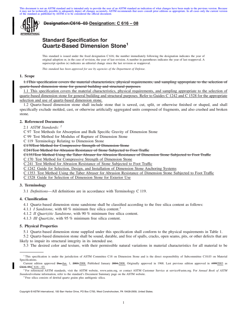 REDLINE ASTM C616-08 - Standard Specification for  Quartz-Based Dimension Stone