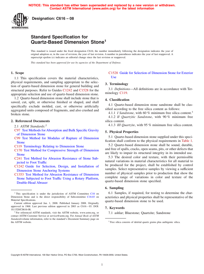 ASTM C616-08 - Standard Specification for  Quartz-Based Dimension Stone