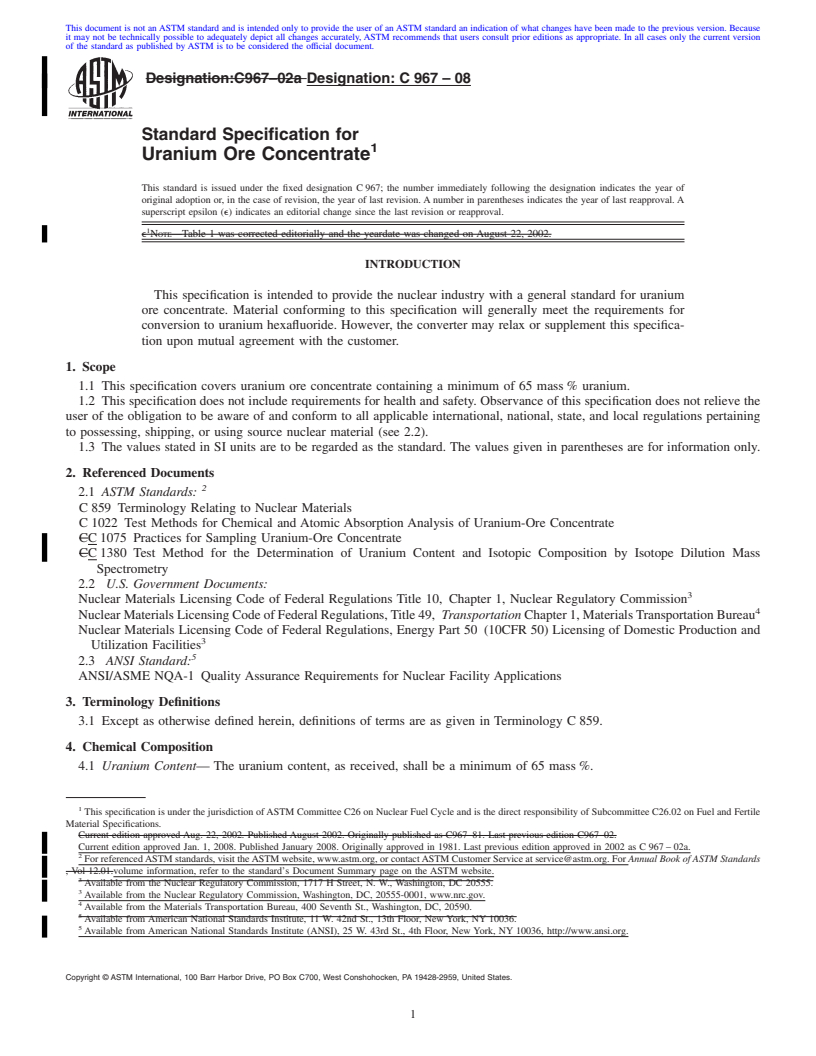REDLINE ASTM C967-08 - Standard Specification for  Uranium Ore Concentrate