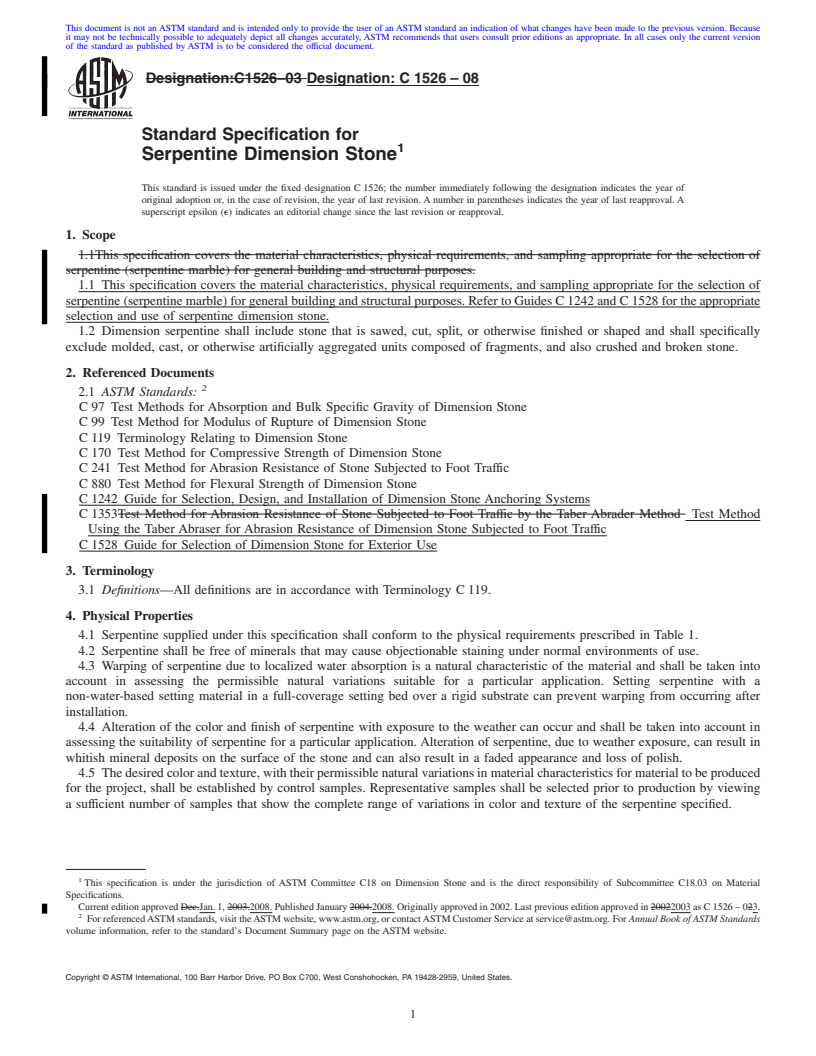 REDLINE ASTM C1526-08 - Standard Specification for Serpentine Dimension Stone