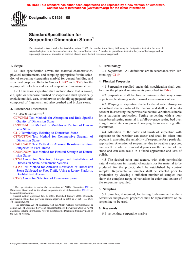 ASTM C1526-08 - Standard Specification for Serpentine Dimension Stone