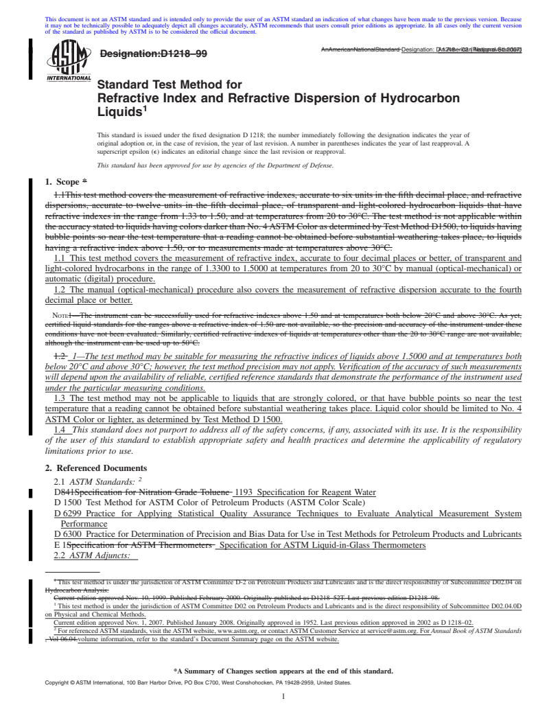 REDLINE ASTM D1218-02(2007) - Standard Test Method for Refractive Index and Refractive Dispersion of Hydrocarbon Liquids
