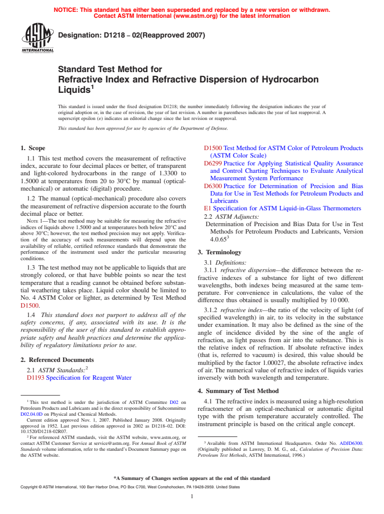 ASTM D1218-02(2007) - Standard Test Method for Refractive Index and Refractive Dispersion of Hydrocarbon Liquids
