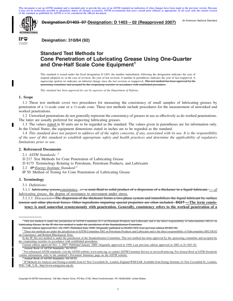 REDLINE ASTM D1403-02(2007) - Standard Test Methods for Cone Penetration of Lubricating Grease Using One-Quarter and One-Half Scale Cone Equipment