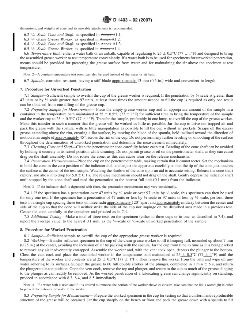 REDLINE ASTM D1403-02(2007) - Standard Test Methods for Cone Penetration of Lubricating Grease Using One-Quarter and One-Half Scale Cone Equipment