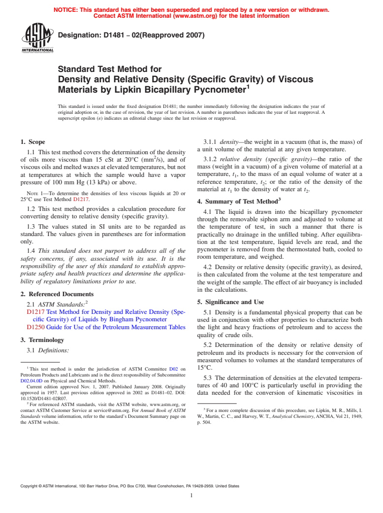 ASTM D1481-02(2007) - Standard Test Method for Density and Relative Density (Specific Gravity) of Viscous Materials by Lipkin Bicapillary Pycnometer