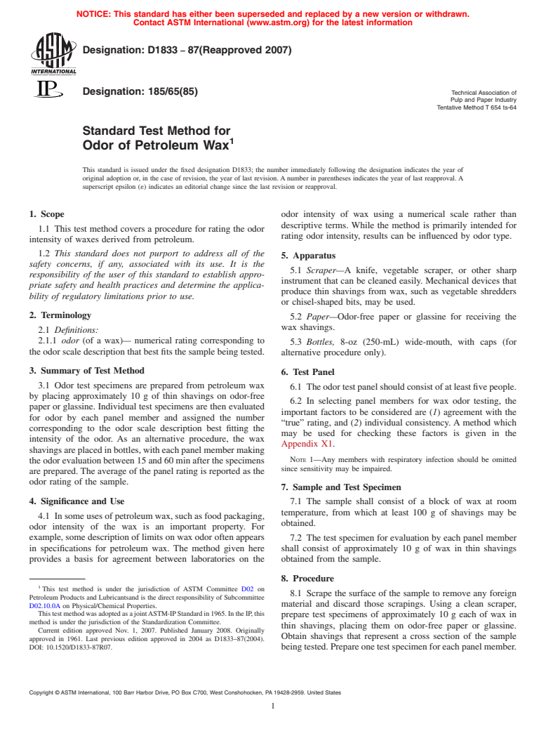 ASTM D1833-87(2007) - Standard Test Method for Odor of Petroleum Wax