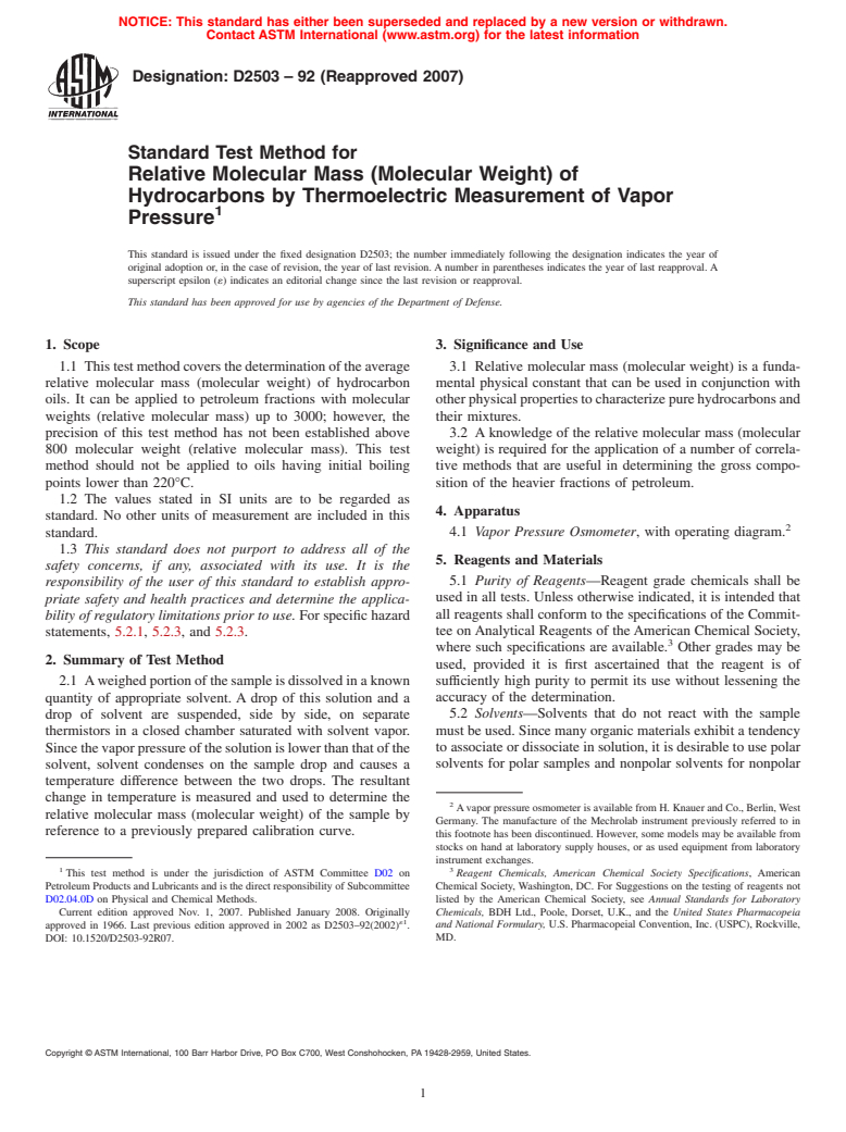 ASTM D2503-92(2007) - Standard Test Method for Relative Molecular Mass (Molecular Weight) of Hydrocarbons by Thermoelectric Measurement of Vapor Pressure