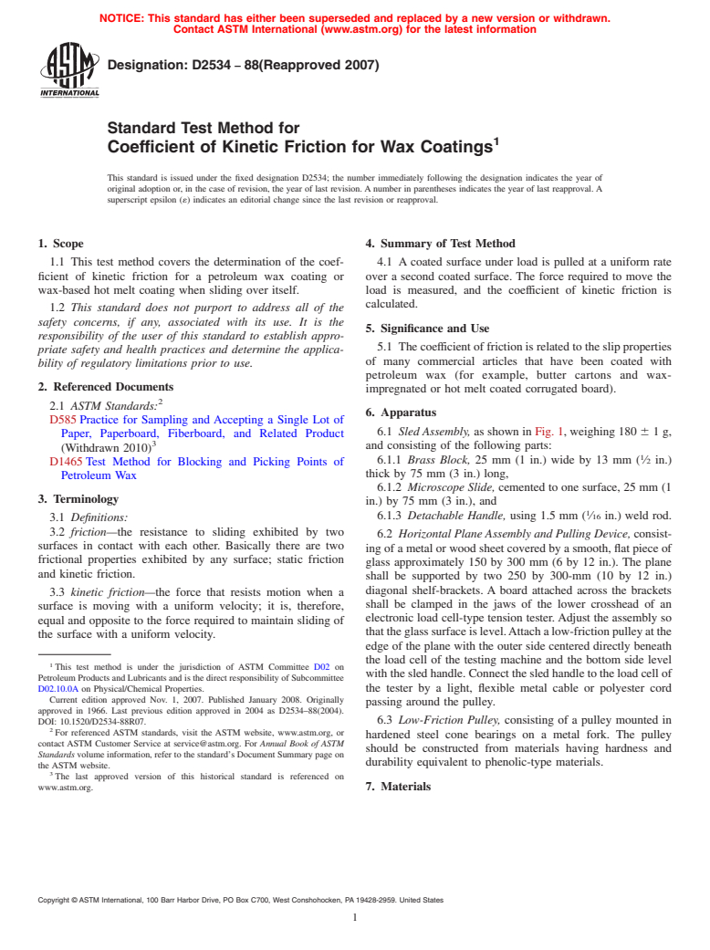 ASTM D2534-88(2007) - Standard Test Method for Coefficient of Kinetic Friction for Wax Coatings