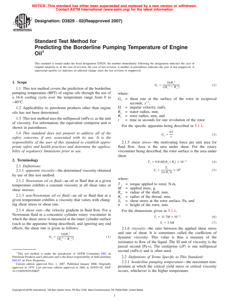 ASTM D3829-02(2007) - Standard Test Method for Predicting the Borderline Pumping Temperature of Engine Oil