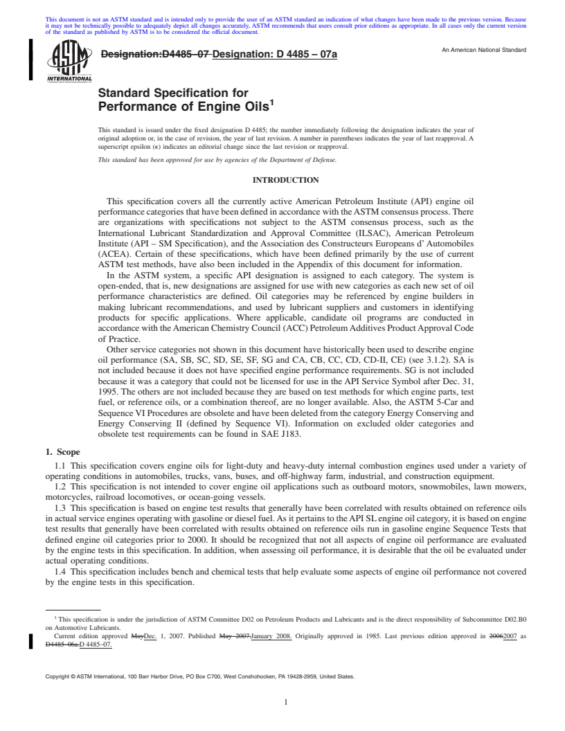 REDLINE ASTM D4485-07a - Standard Specification for Performance of Engine Oils