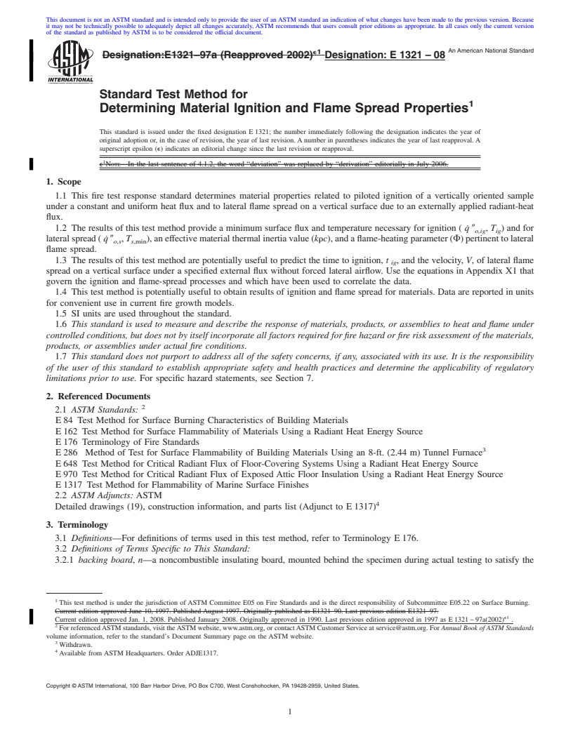 REDLINE ASTM E1321-08 - Standard Test Method for Determining Material Ignition and Flame Spread Properties