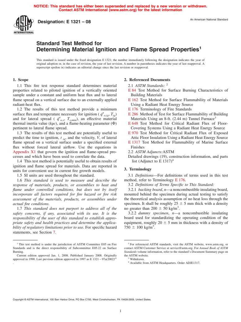 ASTM E1321-08 - Standard Test Method for Determining Material Ignition and Flame Spread Properties