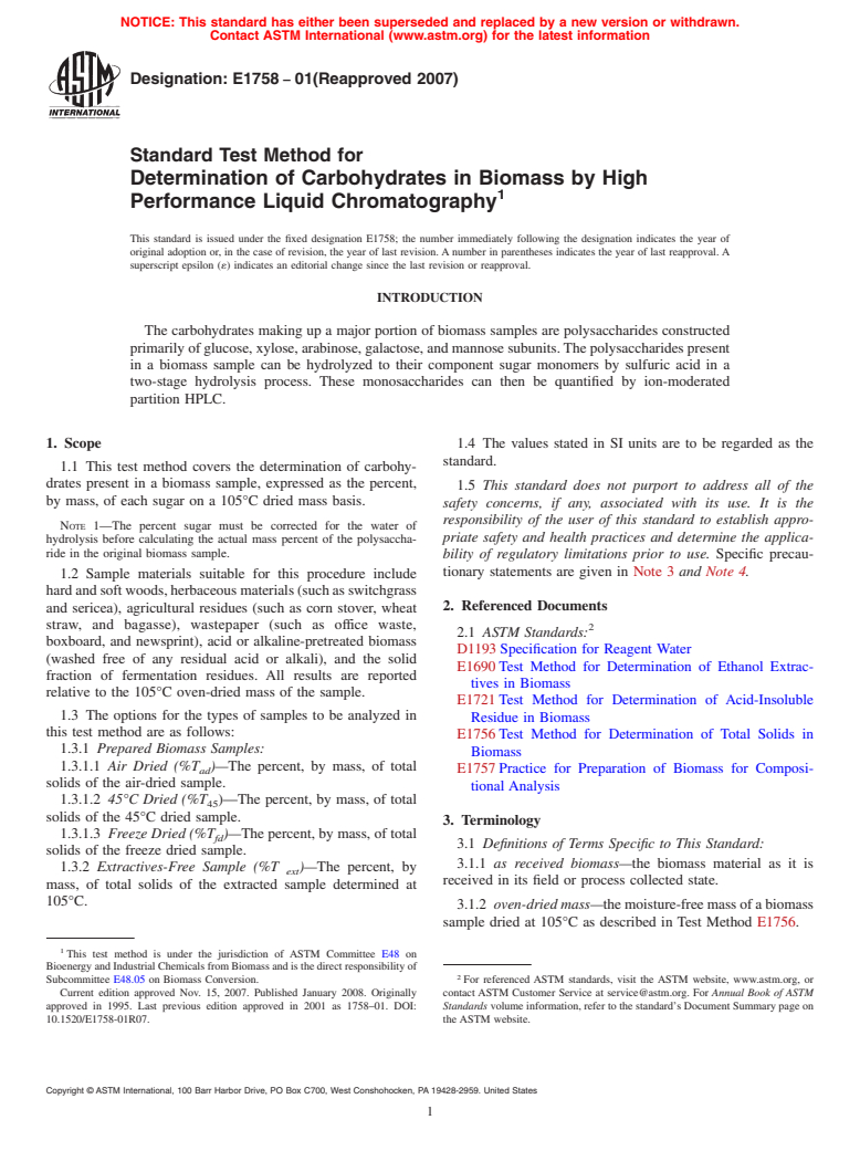 ASTM E1758-01(2007) - Standard Test Method for  Determination of Carbohydrates in Biomass by High Performance Liquid Chromatography