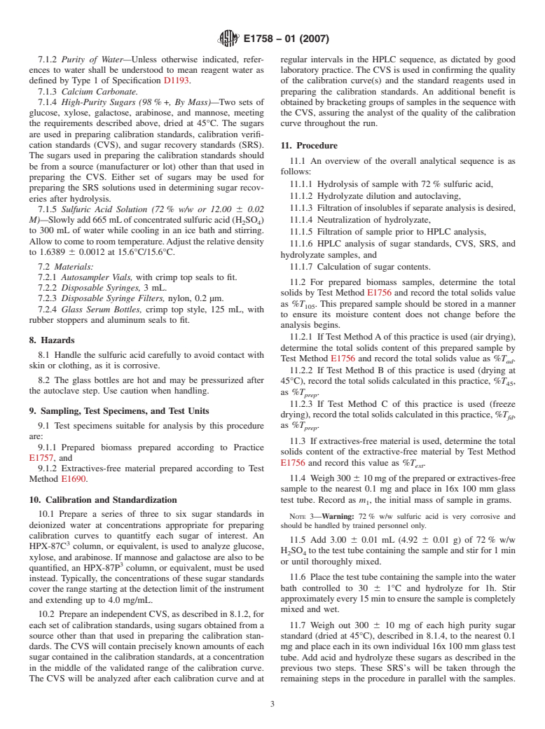 ASTM E1758-01(2007) - Standard Test Method for  Determination of Carbohydrates in Biomass by High Performance Liquid Chromatography