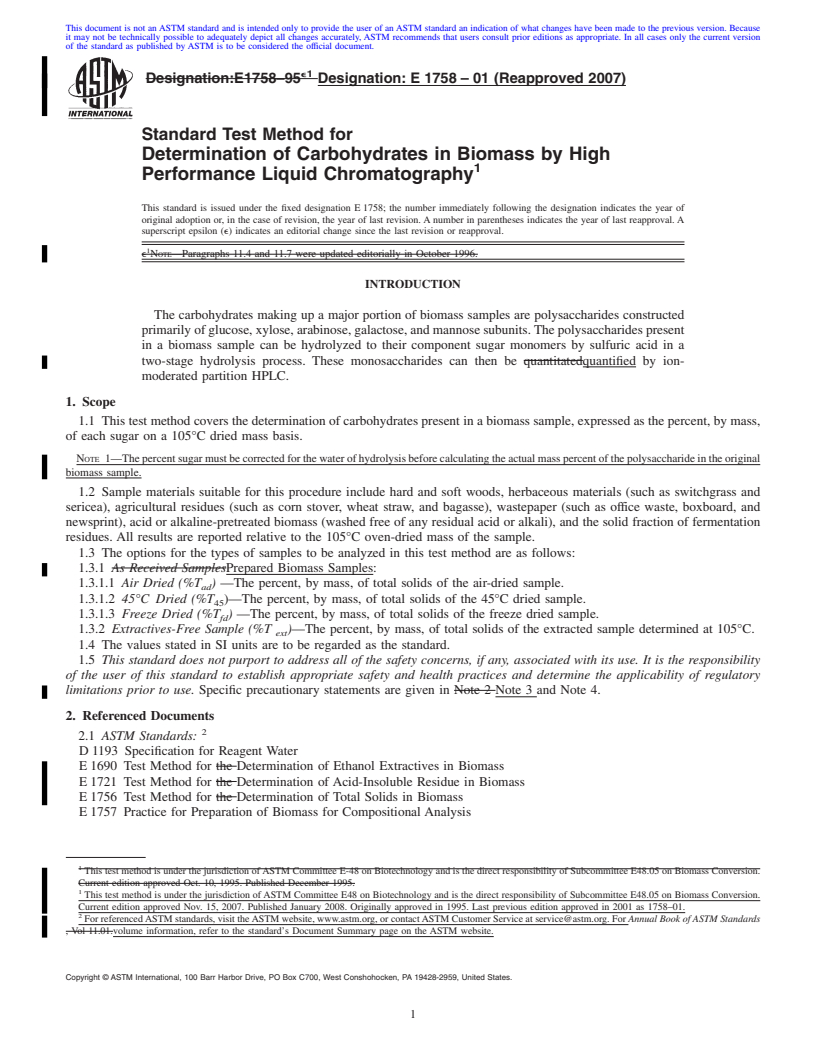 REDLINE ASTM E1758-01(2007) - Standard Test Method for  Determination of Carbohydrates in Biomass by High Performance Liquid Chromatography