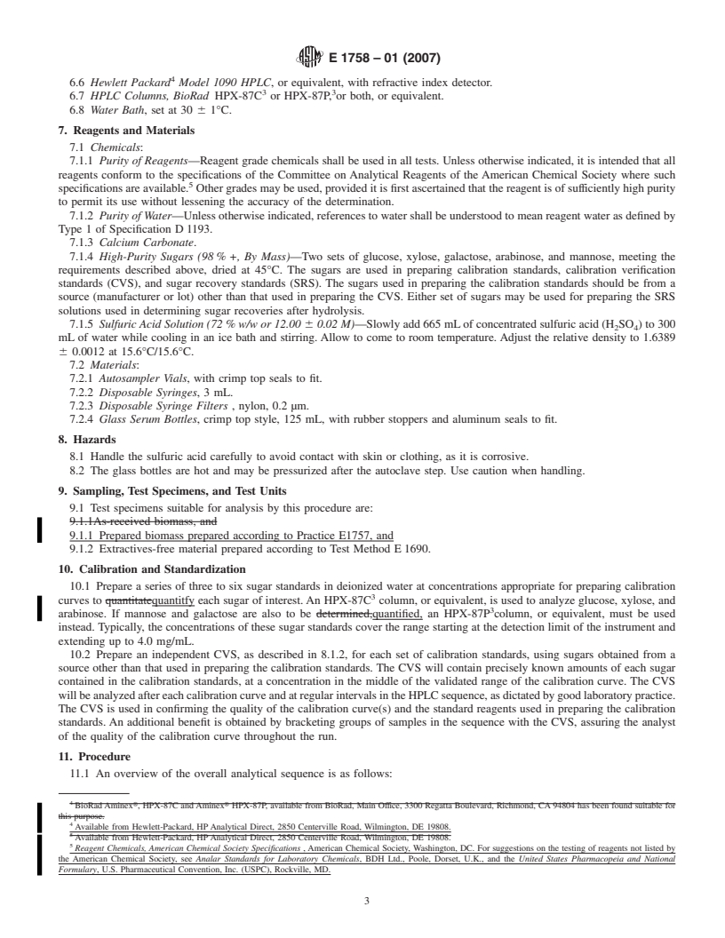 REDLINE ASTM E1758-01(2007) - Standard Test Method for  Determination of Carbohydrates in Biomass by High Performance Liquid Chromatography