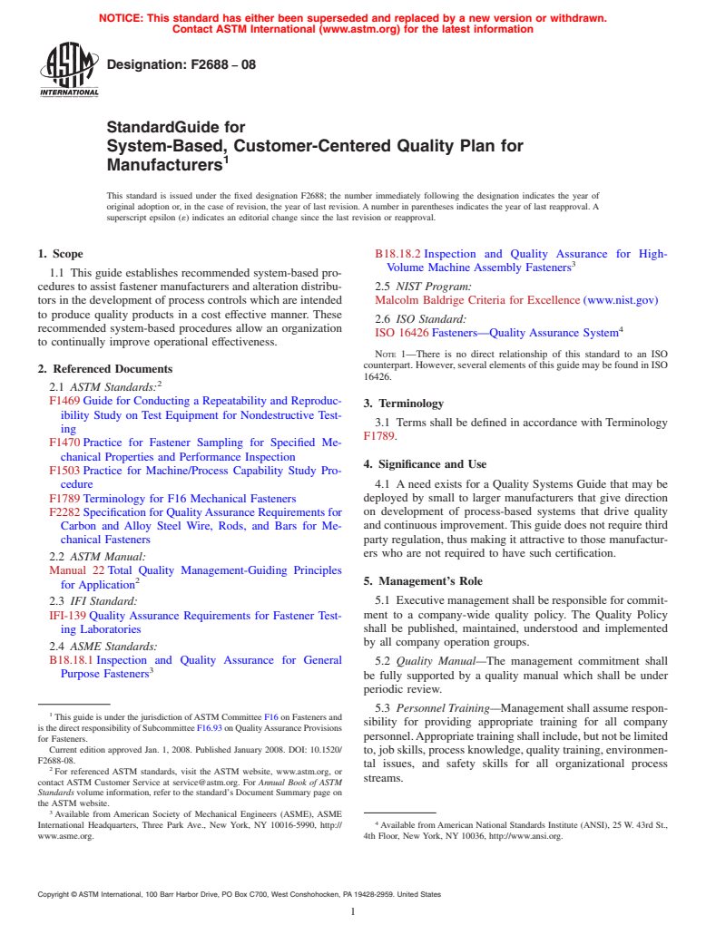 ASTM F2688-08 - Standard Guide for System-Based, Customer-Centered Quality Plan for Manufacturers